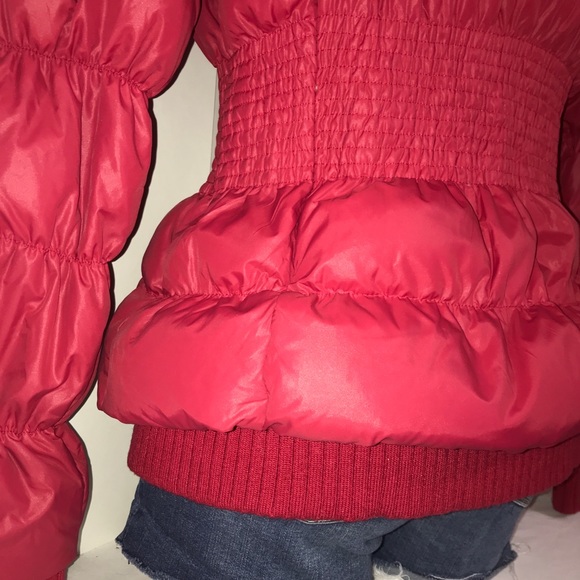 Bebe Cherry Red Bomber Puffer Gold Belted Jacket - Picture 9 of 15
